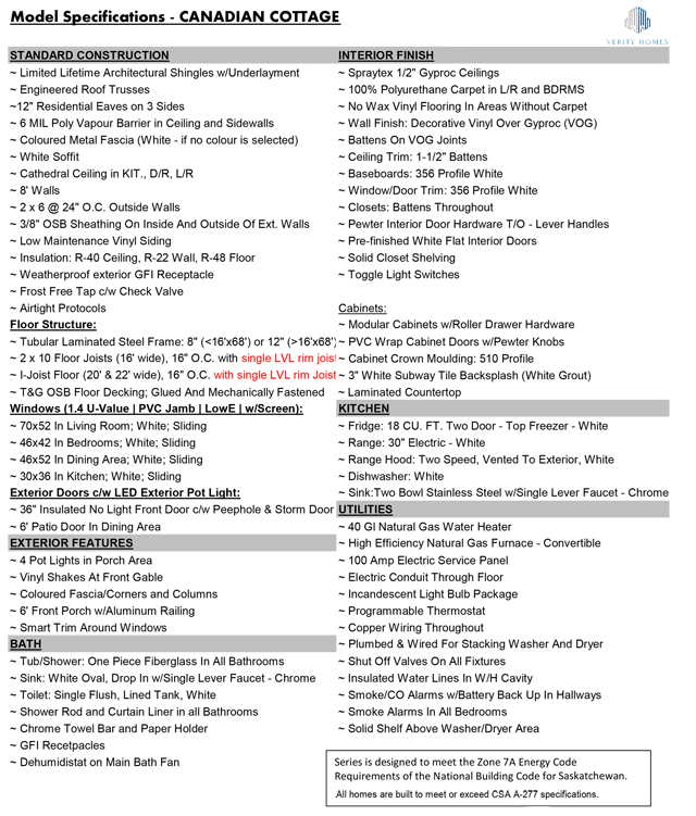 Construction Specifications for Homestead Modular Homes