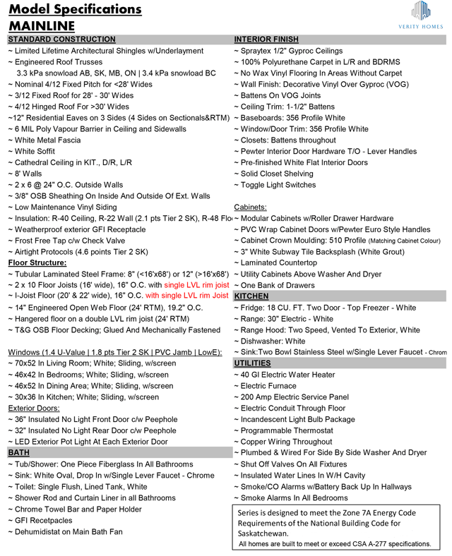 Construction Specifications for mainline Modular Homes